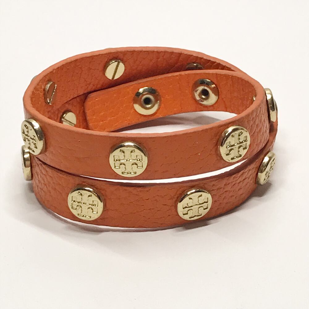Tory Burch Kira Orange Gold Double Wrap Logo Monogram Studded Leather Bracelet